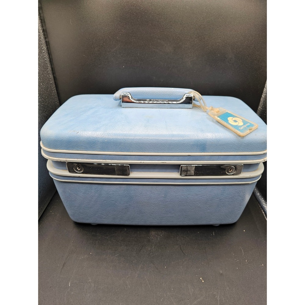 Vintage Samsonite Profile Train Case Blue Hard Shell Makeup Vanity Suitcase